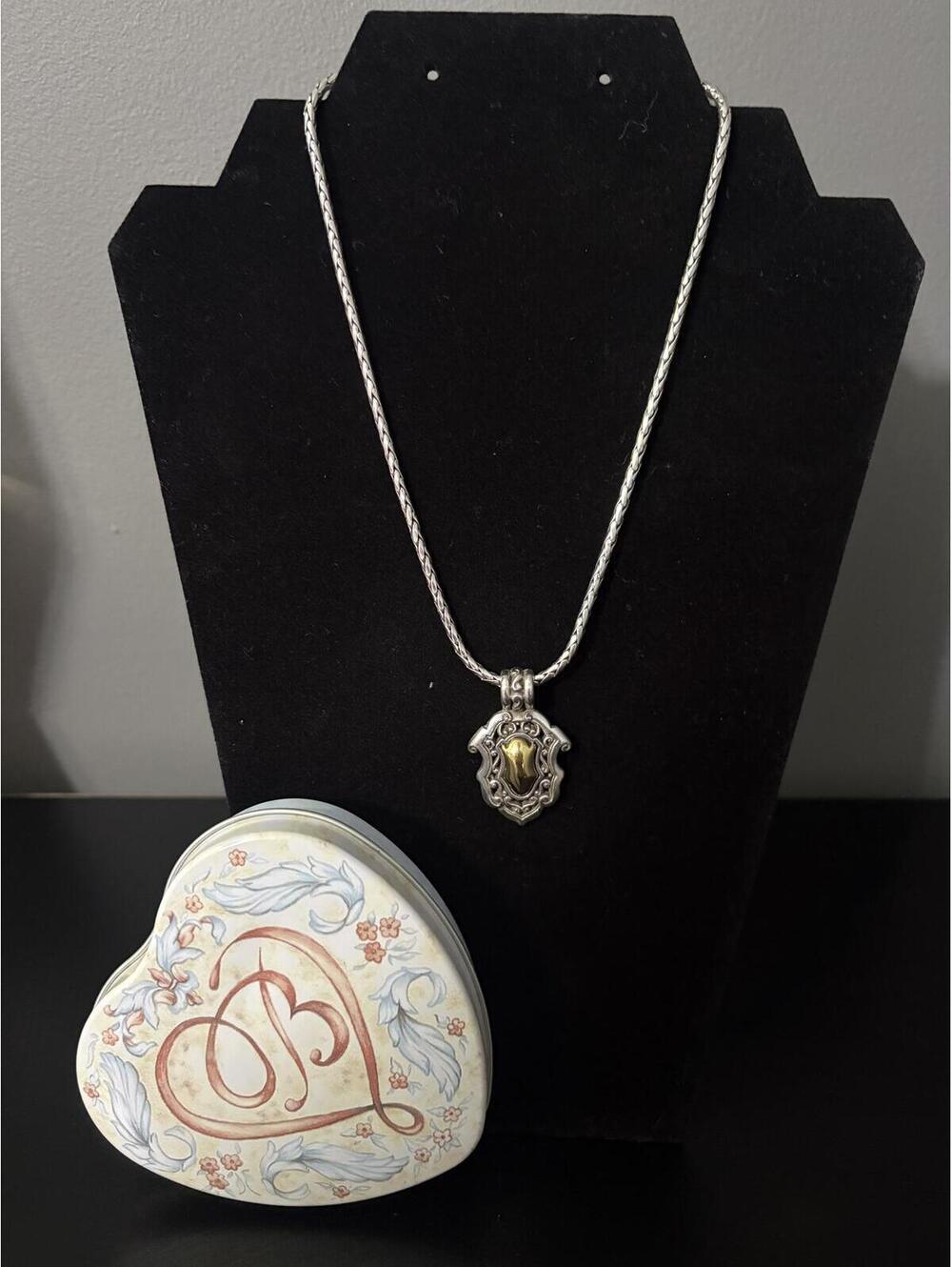 Authentic Brighton Two-Tone Scroll Filigree Shield Pendant Necklace in Heart Tin
